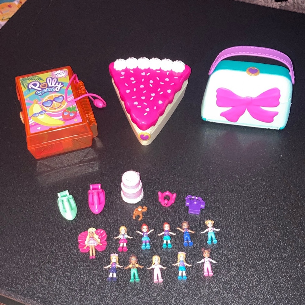 21 Pc Polly pocket 2018 2019 3 Playsets + figures cake juice box purse